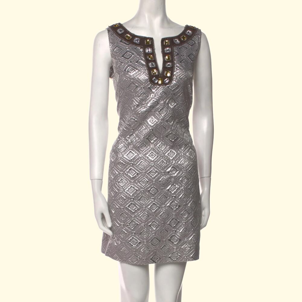 TORY BURCH Vintage Silver Metallic Brocade Embellished Shift Mini Dress